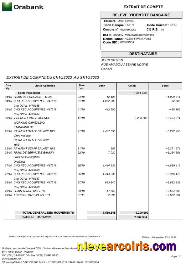 Togo Orabank statement Word and PDF